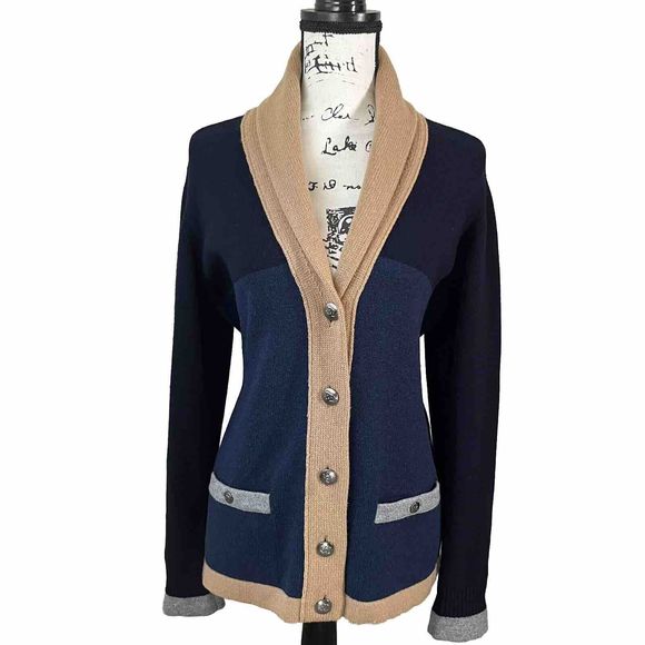 Chanel 100% Cashmere Cardigan Sweater Color Block Size 40 Blue Tan Gray Buttons - Picture 1 of 16